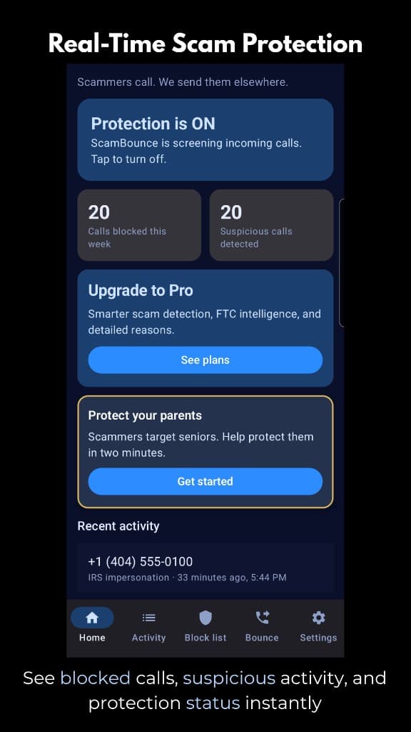 ScamBounce app showing protection on, blocked calls, and upgrade options